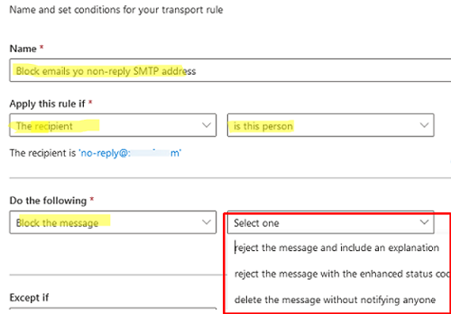 Exchnage में मेलफ्लो ट्रांसपोर्ट नियम के साथ संदेशों को नो-रिप्लाई मेलबॉक्स में ब्लॉक करें