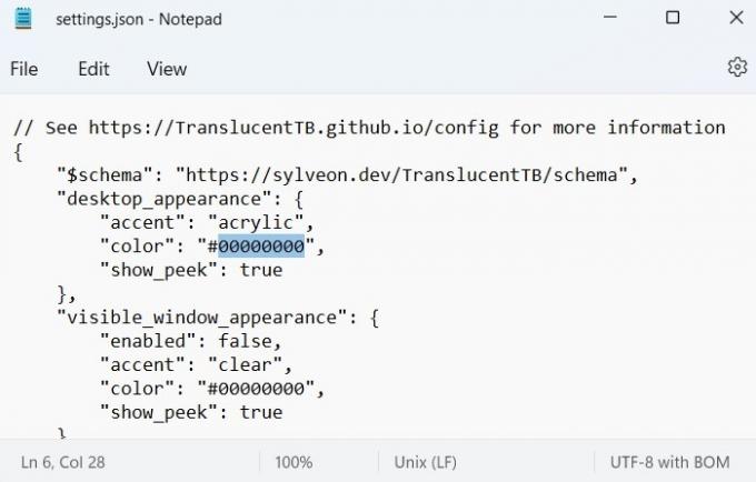 Blocco note delle impostazioni di Translucenttb degli effetti di trasparenza di Windows