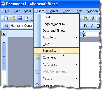 Seleção de símbolo no menu Inserir no Word 2003