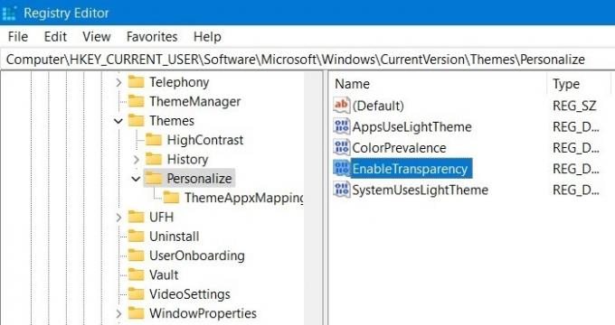 Personalizza l'editor del registro degli effetti di trasparenza di Windows