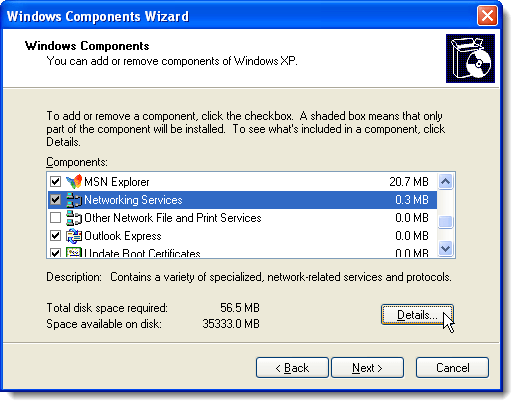 Noklikšķinot uz Detaļas Windows komponentu vednī