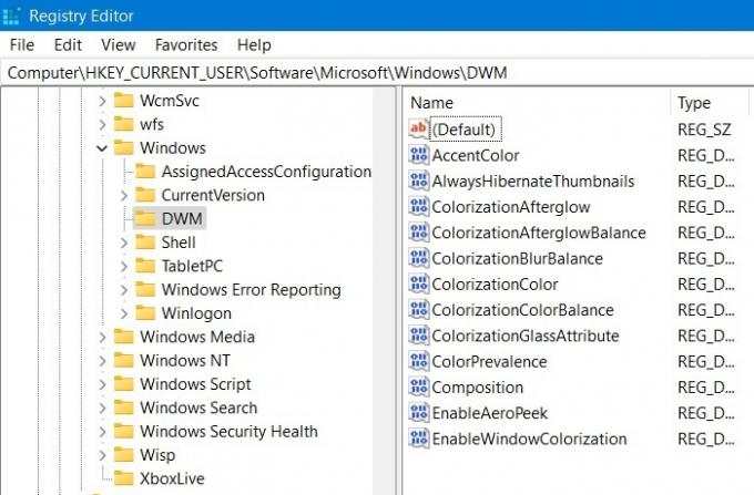 Dwm. Editor del registro degli effetti di trasparenza di Windows