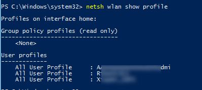 netsh wlan show profile - seznam shranjenih omrežij WLAN v sistemu Windows 10 prek CMD