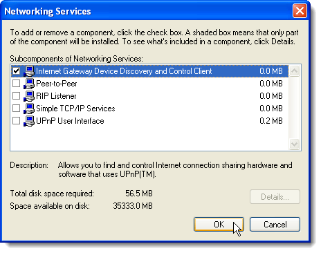 Szczegóły usług sieciowych w systemie Windows XP