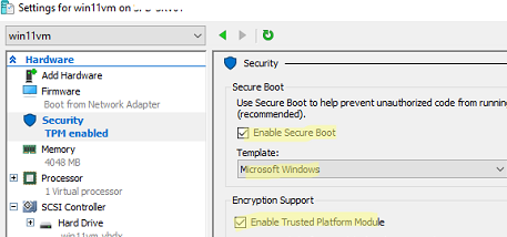 включить безопасную загрузку и модуль доверенной платформы для Windows 11 vm