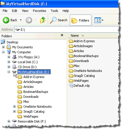 VHD datoteka, prikazana kot trdi disk v Raziskovalcu Windows