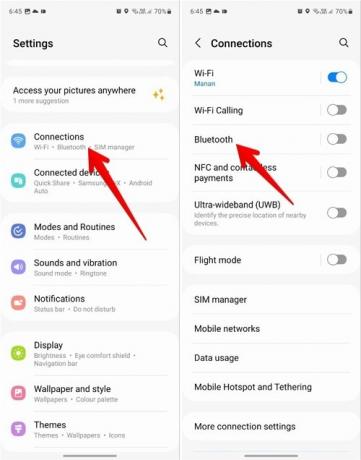 „Samsung“ įjunkite „Bluetooth“ skiltyje Ryšiai