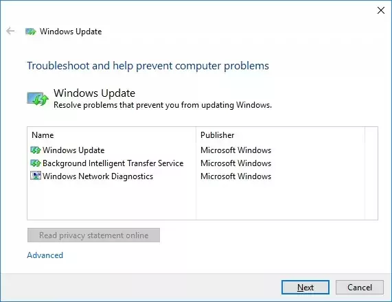 parandage Windowsi värskenduse vead failiga wu10.diagcab 