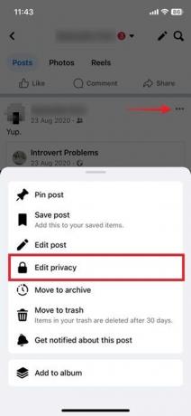Norėdami paskelbti „Facebook“ iOS programoje, bakstelėkite parinktį „Redaguoti privatumą“.