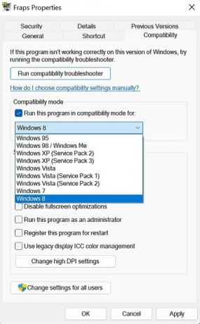 Selezione di una versione di Windows per eseguire un'app in modalità compatibilità.