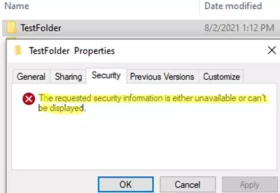 Kausta turvalisuse NTFS-i lubade vahekaart: nõutud turbeteave pole saadaval või seda ei saa kuvada