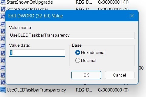 Editor del registro degli effetti di trasparenza di Windows Valore utilizzato avanzato 1