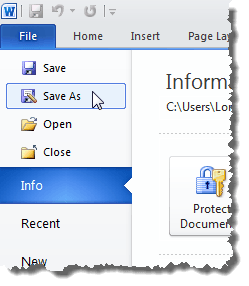 Выбор «Сохранить как» на вкладке «Файл» в Word 2010