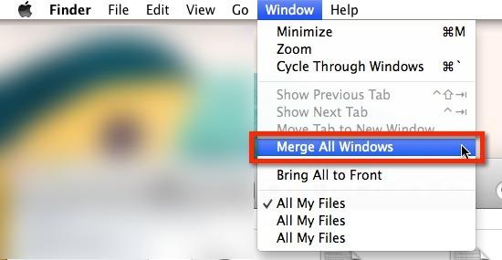 คุณสามารถรวมหน้าต่าง Finder หลายหน้าต่างจากเมนู 'หน้าต่าง'