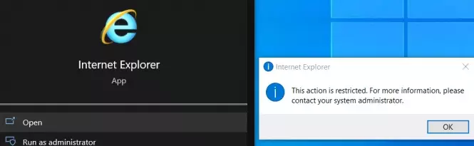 IE11 ei saa Windowsis käivitada: see toiming on piiratud