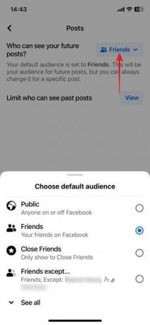 Zmiana opcji „Kto może zobaczyć Twoje przyszłe posty” w Ustawieniach w aplikacji Facebook na iOS.