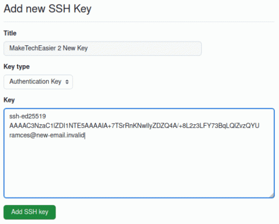Снимок экрана, показывающий недавно измененный ключ SSH в Github.
