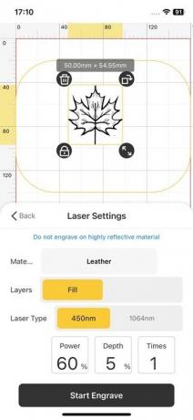 Настройка параметров «Глубина» и «Мощность» в приложении Laserpecker Design Space для iOS.